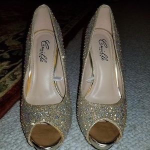 Gold Rhinestone Studded Prom Shoes